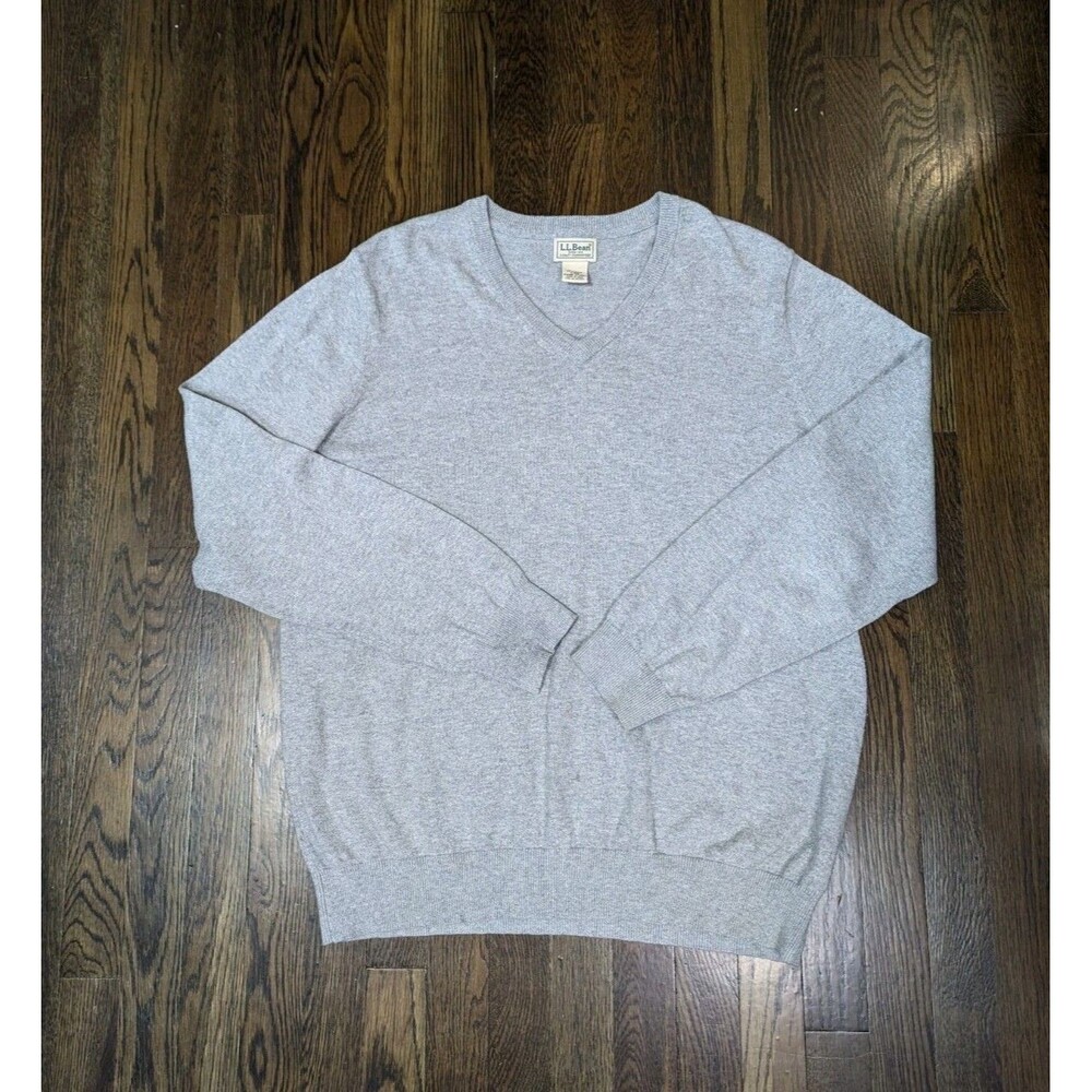 L.L. Bean Cotton Cashmere Blend V-Neck Sweater Men's Size L-Reg Gray Old Money